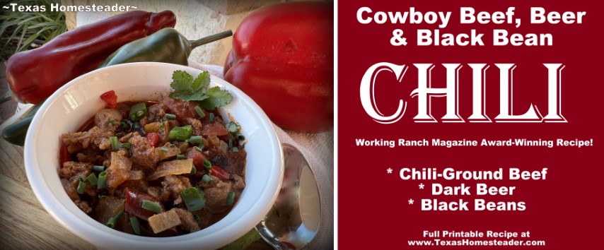 This chili recipe has won awards! Beef, Black Bean and Dark Beer Chili. #TexasHomesteader