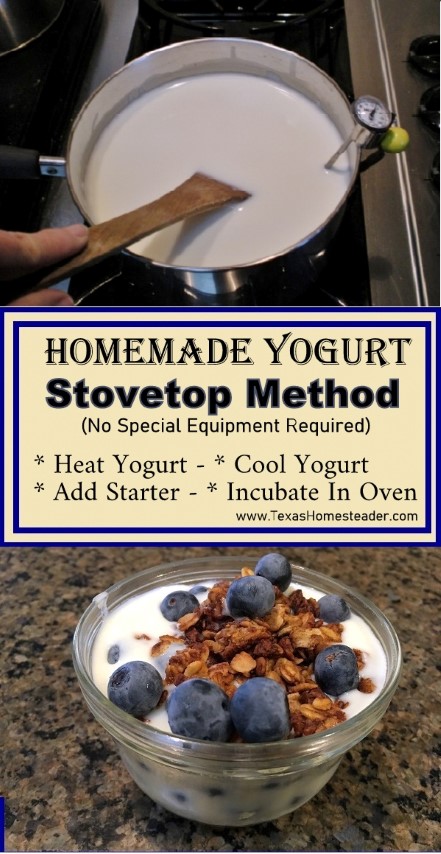 Homemade yogurt is easy to make. And this stovetop version is an easy recipe that uses no special equipment. Just heat milk, cool, add starter and incubate in the oven. #TexasHomesteader