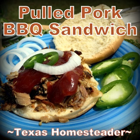 Leftover pork roast into BBQ sandwiches is delicious. The slow cooker is a convenient way to cook pulled pork. Add jalapenos and sauce! #TexasHomesteader