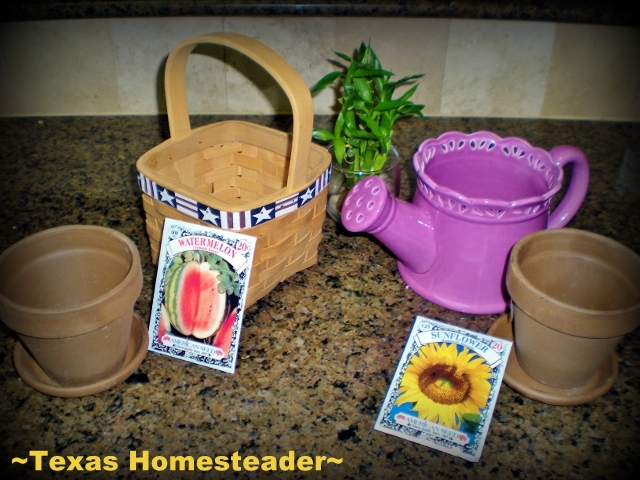 Seed pack, pot, soil & decorative container - PERFECT! This gift came from my heart didn't cost much & it only took a few minutes to assemble. #TexasHomesteader