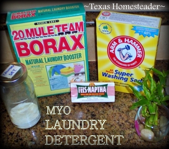 3 Ingredient laundry detergent recipe uses 1-2 tablespoons per typical load. Cheap, easy to make, and effective! #TexasHomesteader