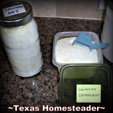 3 Ingredient laundry detergent recipe only uses 1-2 tablespoons per typical load. Cheap, easy to make, and effective! #TexasHomesteader