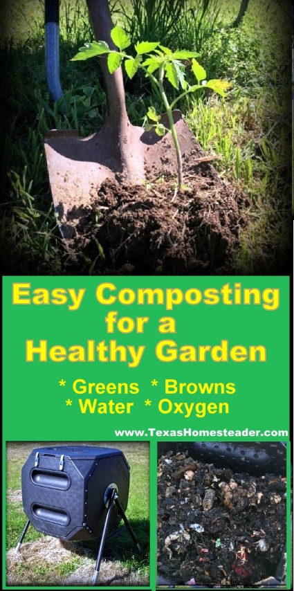 Turn waste from the kitchen and garden into rich compost by adding greens and browns. #TexasHomesteader