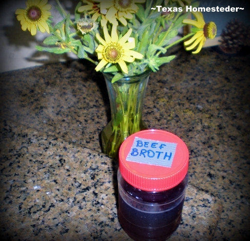 Homemade broth into repurposed jar for the freezer. Instant Pot Broth is crazy-easy to make, y'all. Literally push-button convenience. Come see how I make and preserve it. #TexasHomesteader