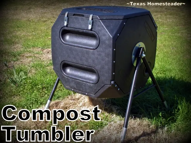 Compost tumbler for containing compost ingredients. #TexasHomesteader