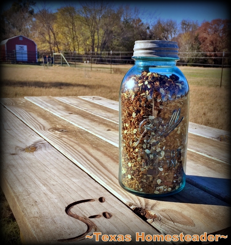 Pumpkin granola set upon wooden table with red barn and fall-colored trees in the background. #TexasHomesteader