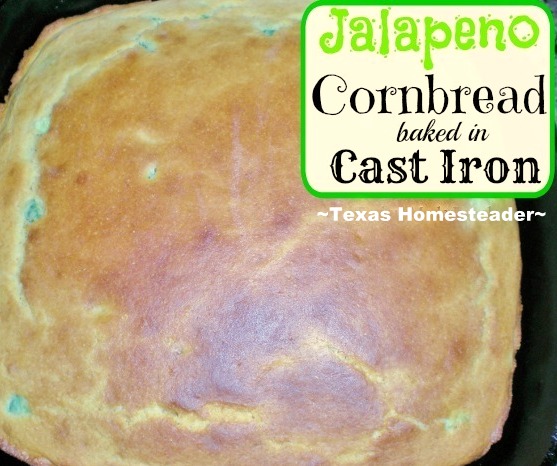 Homemade jalapeno cornbread that's tasty, lightly sweet and light textured. Add jalapenos for a nice kick! Baked in a cast iron skillet #TexasHomesteader