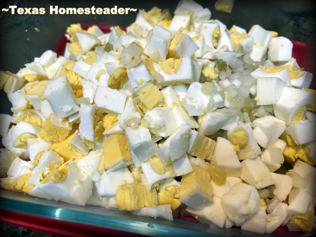 Boiled eggs chopped for egg salad. #TexasHomesteader