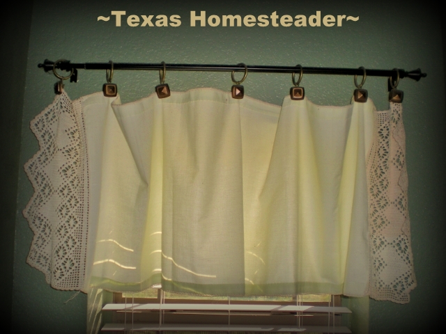 Repurposing my great-grandmothers dresser scarves into window coverings has beautiful results! Plus I was able to add bathroom privacy. #TexasHomesteader