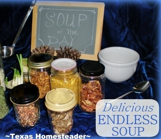 I use many different dehydrated vegetables in my endless soup which provides a week's worth of hot healthy lunches. #TexasHomesteader