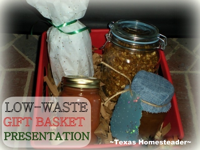 Our gift baskets are jars of homemade food in reusable jars in a handy tub. Brown paper can be composted or used in their fireplace. #TexasHomesteader