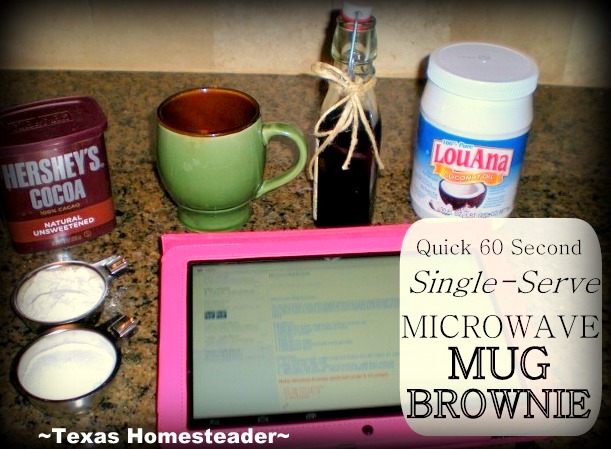 With a few simple ingredients & 60 seconds in the microwave I can have a delicious, hot, single-serve brownie. See my recipe! #TexasHomesteader