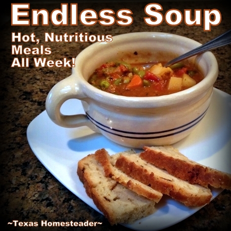 A soup pot receives additional veggies for several days making an endless soup. #TexasHomesteader