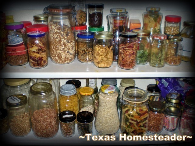 Repurposed glass jars in the pantry. Repurposing items from their original use before throwing away. Read what we do with glass and plastic jars and holey socks. #TexasHomesteader