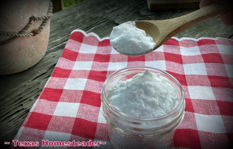 Baking soda baking powder wood spoon red white napkin. #TexasHomesteader