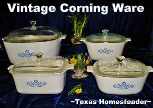 I use vintage CorningWare baking dishes with glass lids for cooking, serving and storing leftovers in the fridge without using plastic. #TexasHomesteader