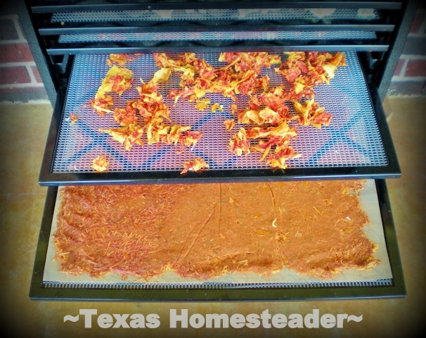 Tomato skins drying on Excalibur dehydrator. Instead of throwing away tomato skins, dehydrate & ground them into powder to use to thicken soups or make your own tomato paste. #TexasHomesteader