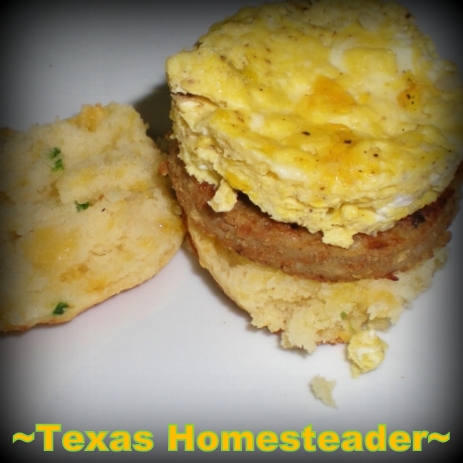 Homemade jalapeno cheese biscuit stuffed with sausage patty and scrambled egg. #TexasHomesteader