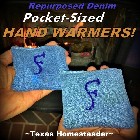 5 frugal things. Repurposed denim hand warmers filled with rice and essential oil. Keeps hands warm in cold weather #TexasHomesteader