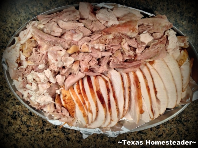 The turkey is carved and meat arranged on a platter. #TexasHomesteader