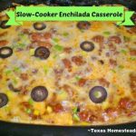This easy Slow Cooker Enchilada Casserole Recipe - ground meat, tomato sauce, refried beans, chili, cheese. #TexasHomesteader