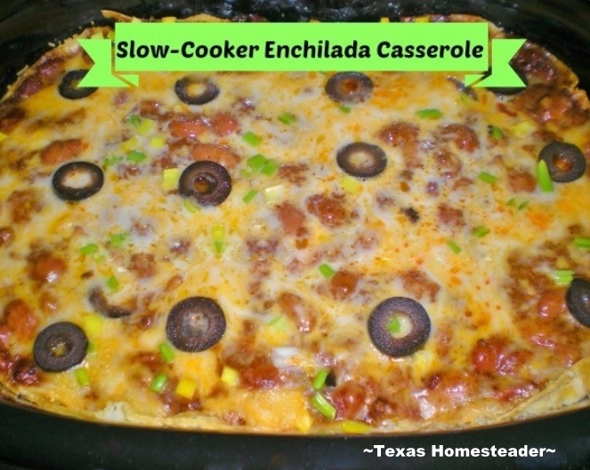 This easy Slow Cooker Enchilada Casserole Recipe - ground meat, tomato sauce, refried beans, chili, cheese. #TexasHomesteader