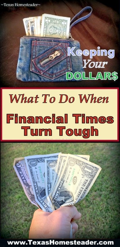 Easy steps to take when financial times turn tough. Simple things to save money NOW! #TexasHomesteader