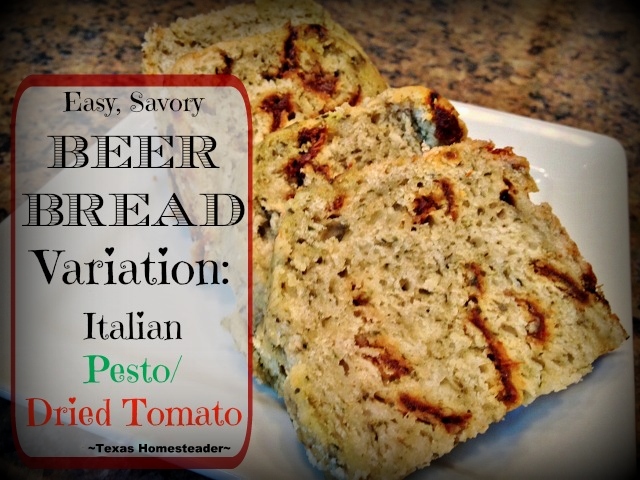 Homemade beer bread seasoned with Italian pesto and sun-dried tomatoes. #TexasHomesteader