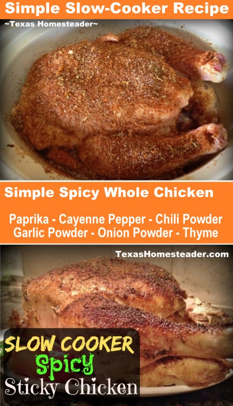 Easy Slow Cooker Spicy Sticky Chicken Recipe makes tender, juicy chicken. #TexasHomesteader