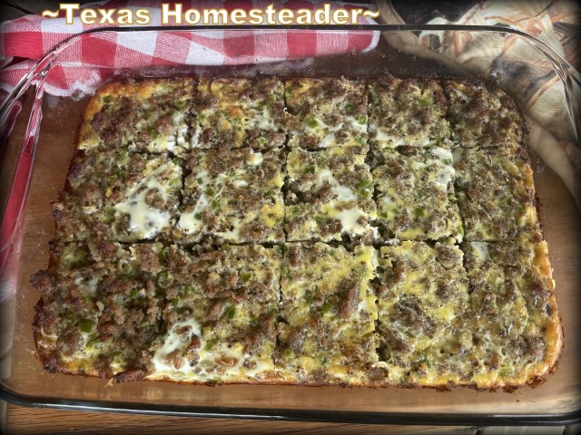 Farmer's Breakfast Bake Casserole with eggs, sausage, onions, peppers and cheese on a hash brown crust. #TexasHomesteader