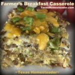 Farmers Breakfast Casserole Eggs, Breakfast Sausage, onions, peppers and cheese. Recipe card - #TexasHomesteader