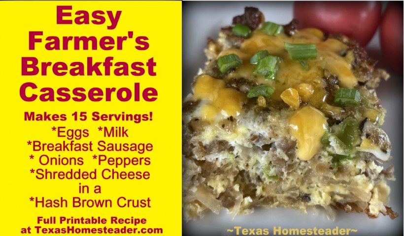 Farmers Breakfast Casserole with eggs, sausage, onions, peppers and cheese and hash brown crust. #TexasHomesteader