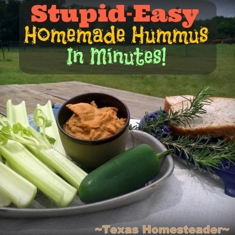 Flavorful Homemade Hummus In Minutes Using Just A Few Simple Inexpensive pantry Ingredients. It Really IS Stupid-Easy To Make!! Blended chickpeas, coconut oil and spices #TexasHomesteader