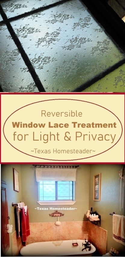 The bathroom window required privacy, but I hated the ugly mini blinds. I replaced them with lace attached right on the window glass. #TexasHomesteader