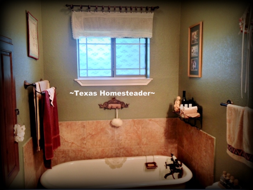 My bathroom window is small but it needs to be covered for privacy. I easily added a beautiful lace window treatment directly to the glass. PERFECT, and totally removable if needed. #TexasHomesteader