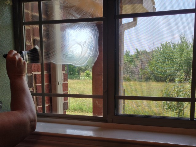 My bathroom window is small but it needs to be covered for privacy. I easily added a beautiful lace window treatment directly to the glass. PERFECT, and totally removable if needed. #TexasHomesteader