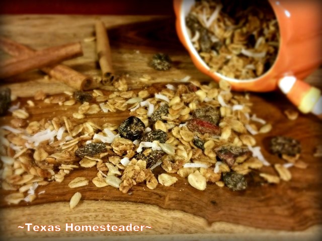 Homemade granola with oats, nuts, dried fruit and pumpkin. #TexasHomesteader