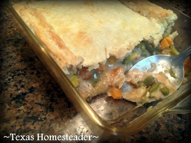 Homemade chicken pot pie made fast with leftover chicken, canned vegetables, cream of chicken soup and a quick homemade crust. #TexasHomesteader