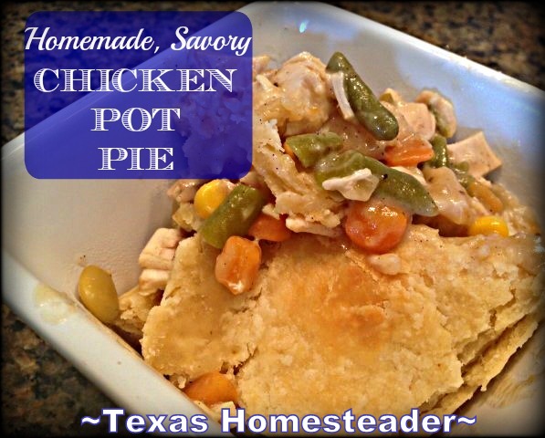 Chicken pot pie comes together quickly with leftover chicken & canned vegetables. #TexasHomesteader