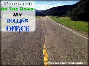 I needed a way to work during the hours in a car during a trip. RancherMan set me up with an office in the car! #TexasHomesteader