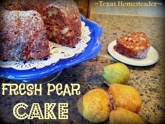 Pear cake is made with fresh pears in a bundt tube pan. #TexasHomesteader
