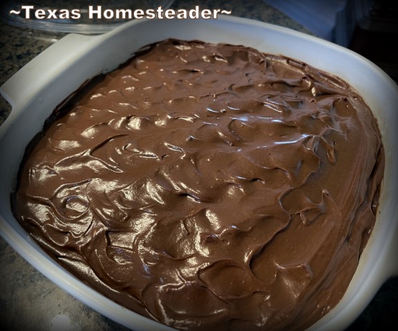 Chocolate Crazy Cake or Wacky Cake with swirly chocolate frosting in a vintage CorningWare dish. #TexasHomesteader