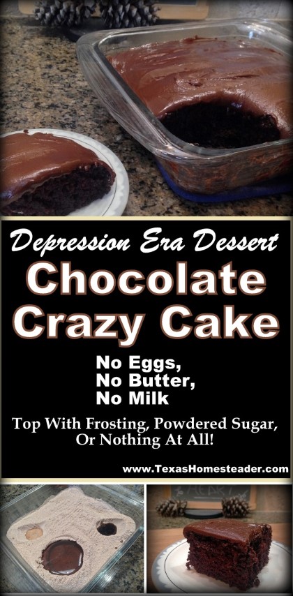 This depression-era Chocolate Crazy Cake requires no eggs, no butter, no milk - heck not even a mixing bowl! Simple, delicious & a secret ingredient to make the chocolate bold! #TexasHomesteader