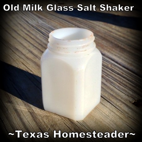 Glass Jars - Vintage Milk Glass Salt Shaker. WHISPERS OF PAST LIVES: The previous homesteaders home burned back in the 1950's, but I can read their stories by what they left behind #TexasHomesteader