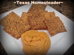 Homemade crackers with hummus. Come see 5 frugal things we did at our homestead to save the environment and some cold hard cash too during this self isolation period. #TexasHomesteader