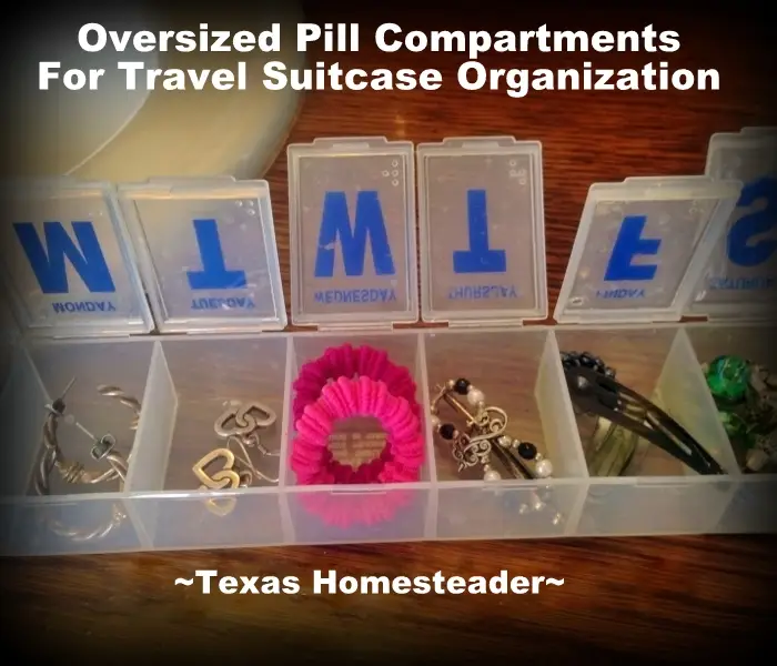 Large pill reminder box holding small earrings, hair clips and more. HOMESTEAD HACK: Travel Bag Organization. I use an oversized pill box to store small travel accessories. #TexasHomesteader