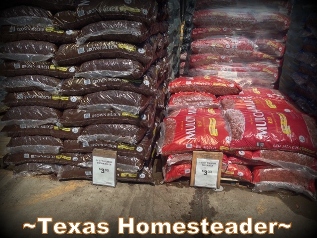 Expensive bags of mulch with wasteful plastic packaging at a local big-box store. #TexasHomesteader