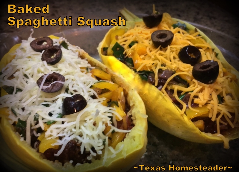 GARDEN SPAGHETTI SQUASH cooked with cheese & sauteed veggies. Delicious, and a good way to use those veggies from your garden. #TexasHomesteader