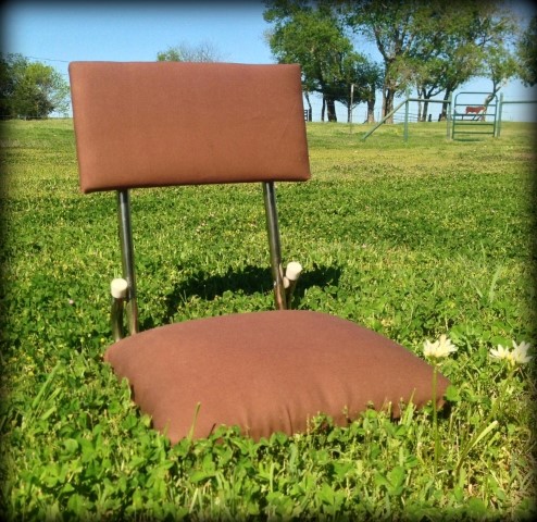 This stadium seat was U-G-L-Y harvest gold with torn edges and foam sticking out but my aunt said "We can recover it easily!" #TexasHomesteader