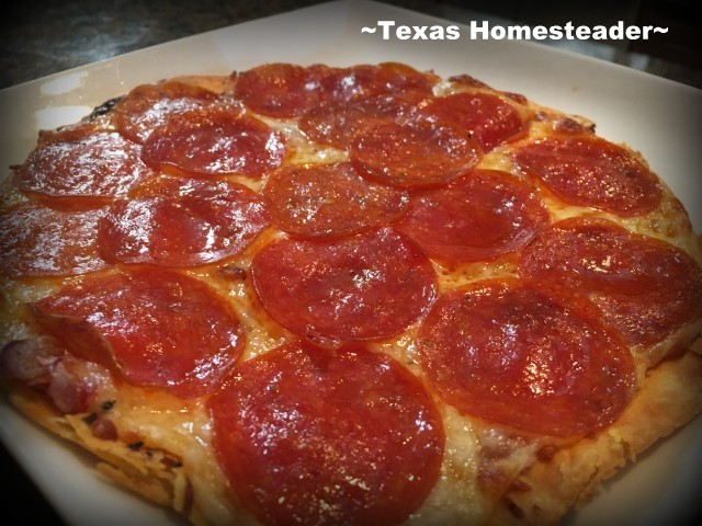 Pepperoni tortilla pizza. Little time for a homemade pizza & no money to order out? Check out this delicious option - A quick tortilla pizza. #TexasHomesteader